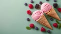 Waffle cones with strawberry ice-cream on green color background. Royalty Free Stock Photo