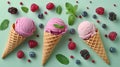 Waffle cones with delicious strawberry ice-cream on grey color background. Royalty Free Stock Photo