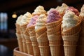 Waffle cones stacked, displaying a tempting assortment of sweet treats Royalty Free Stock Photo
