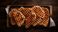 Delicious Waffle Slices On Wooden Tray - High Resolution Food Photography