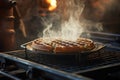 waffle cooking in iron, steam rising