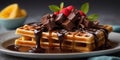 A waffle covered in syrup and topped with a piece of chocolate. Royalty Free Stock Photo