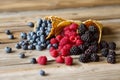 Waffle with fresh berries. Berries. Raspberries, blackberries, blueberries in waffle cones on a gray abstract background. Royalty Free Stock Photo