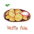 Waffle fries on woodenplate with sauce, isolated on white hand painted watercolor illustration