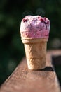 Waffle ice cream with cherry filling on a wooden table on a green background Royalty Free Stock Photo