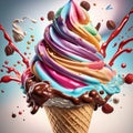 ice cream cone explosion, flying candy drops ai created