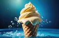 A waffle ice cream cone falls with a splash into the blue water. Freshness, cooling, thirst quenching in the heat of the