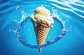 A waffle ice cream cone falls with a splash into the blue water. Freshness, cooling, thirst quenching in the heat of the
