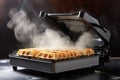 a waffle iron, with steam rising from freshly cooked waffles