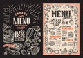 Waffle and pancake menu for restaurant with frame of hand-drawn fruits and sweets Royalty Free Stock Photo
