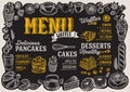 Waffle and pancake menu for restaurant with frame of hand-drawn
