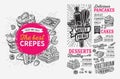 Waffle and pancake menu template for restaurant with doodle hand-drawn graphic