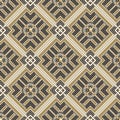 Waffle rhombus symmetrical geometric seamless pattern with surface round gold 3d buttons. Structured lines geometrical vector