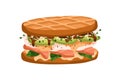 Waffle sandwich with salmon, greens and avocado slices. Tasty breakfast food, eating, snack, microgreen, red fish, sauce