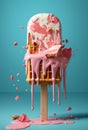 Waffle shaped stick ice cream with pink liquid melting.