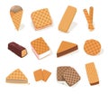 Waffle shapes. Cartoon wafer biscuits and cakes different forms, delicious sweet roasted snack, tasty crispy bakery food