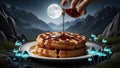 Waffle Stack Drizzled with Syrup Under the Moonlight in a Magical Forest with Glowing Mushrooms Royalty Free Stock Photo