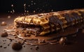 Waffle stick with oozing melted chocolate. Ai generative