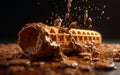 Waffle stick with oozing melted chocolate. Ai generative
