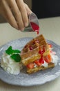 Waffle Strawberry with whipped cream for breakfast