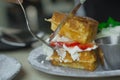 Waffle Strawberry with whipped cream for breakfast