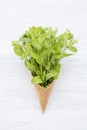 Waffle sweet ice cream cone with mint on white wooden background, top view. Royalty Free Stock Photo