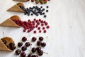 Waffle sweet ice cream cones with raspberries, cherries, strawberries and blueberries over white wooden background, side view. Royalty Free Stock Photo