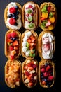 Waffle tacos filled with ice cream, whipped cream, fruits and various toppings