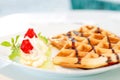 Waffle with whipped cream berry fruit and basil