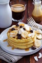 Waffles with banana slices and chocolate Royalty Free Stock Photo