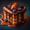 Waffles with bluberries and melted black chocolate on dark background. Generative AI.