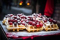 Waffles with cherries topping with sugary powder. Generate ai