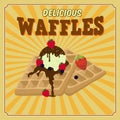 Waffles with chocolate, ice cream and berries retro poster