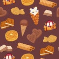 Waffles, cookies and ice cream, waffle-cakes and chocolate delicious dessert wafer bakery food seamless pattern vector