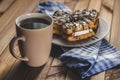 Waffles with cream and chocolate on the plate and coffee