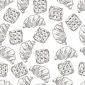 Croissants and waffles, desserts baked food seamless pattern