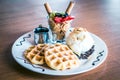 Waffles dusted with icing sugar and iceream and fruit on the side Royalty Free Stock Photo