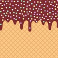 Waffles with flowing chocolate sauce and sprinkles background for your text. Sweet texture golden crust dough. Vector Royalty Free Stock Photo