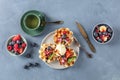 Waffles with fresh fruit, chocolate, caramel, and ice-cream Royalty Free Stock Photo