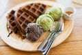 waffles with green tea and chocolate ice cream Royalty Free Stock Photo