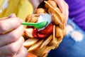 Waffles with ice cream apple and strawberries in hand Royalty Free Stock Photo