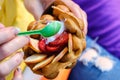 Waffles with ice cream apple and strawberries in hand Royalty Free Stock Photo