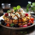 Waffles with ice cream, berries and mint on a dark background Royalty Free Stock Photo