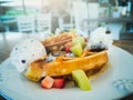 Waffles, ice cream, and fruit in a white plate. Royalty Free Stock Photo