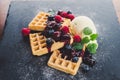 Waffles with ice cream and hot fruits sauce Royalty Free Stock Photo