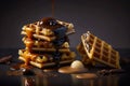 Waffles with melted black chocolate. Generative AI.