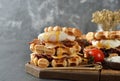 Waffles sandwich with poached egg Royalty Free Stock Photo