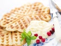 Waffles in a shape of hearts with whipped cream and cranberry Royalty Free Stock Photo