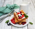 Waffles with strawberries, blueberry and milk Royalty Free Stock Photo