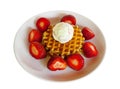 Waffles with strawberries and ice cream on white plate isolated Royalty Free Stock Photo